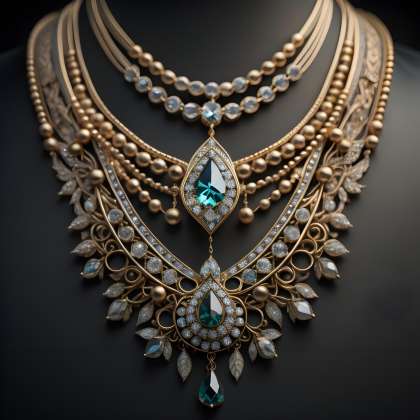 necklace on a black background in close up with a lot of jewelry. generative ai